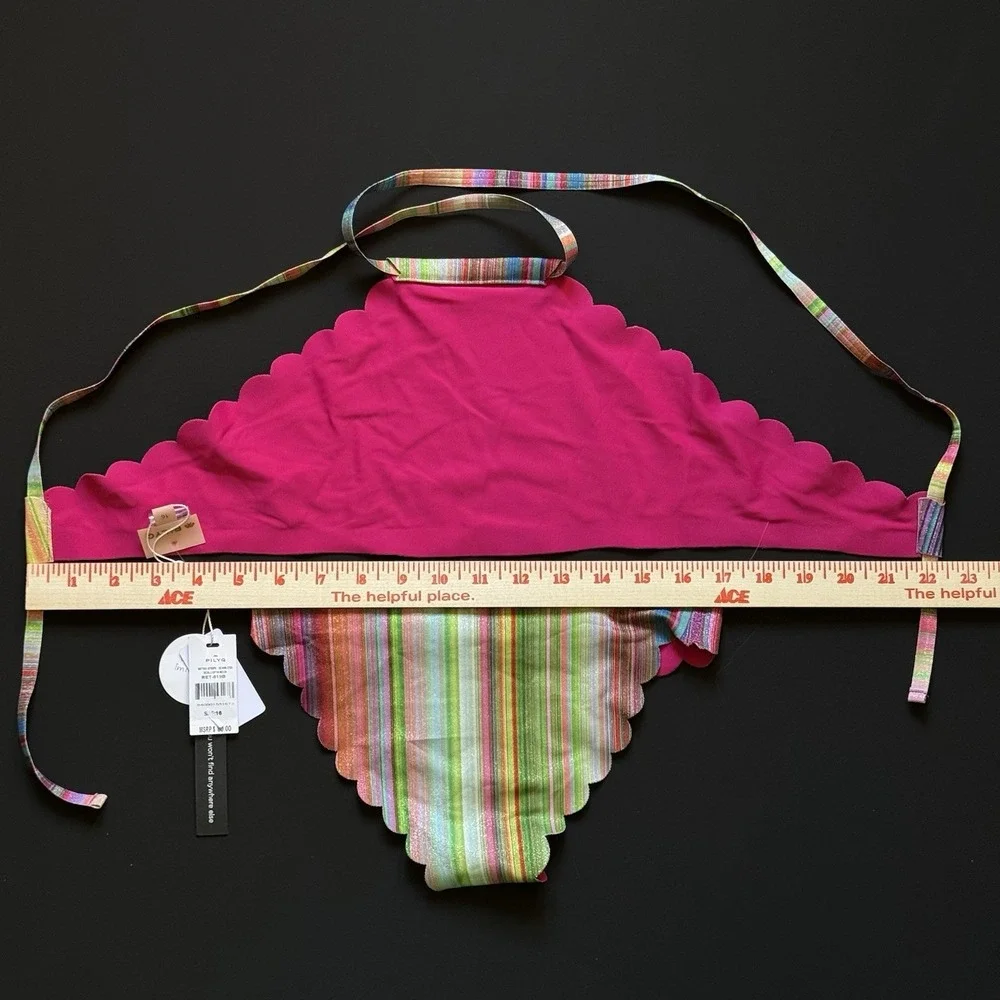 PilyQ Girls 16 Retro Stripe Seamless Scallop High Neck Bikini‎ Reversible NWT